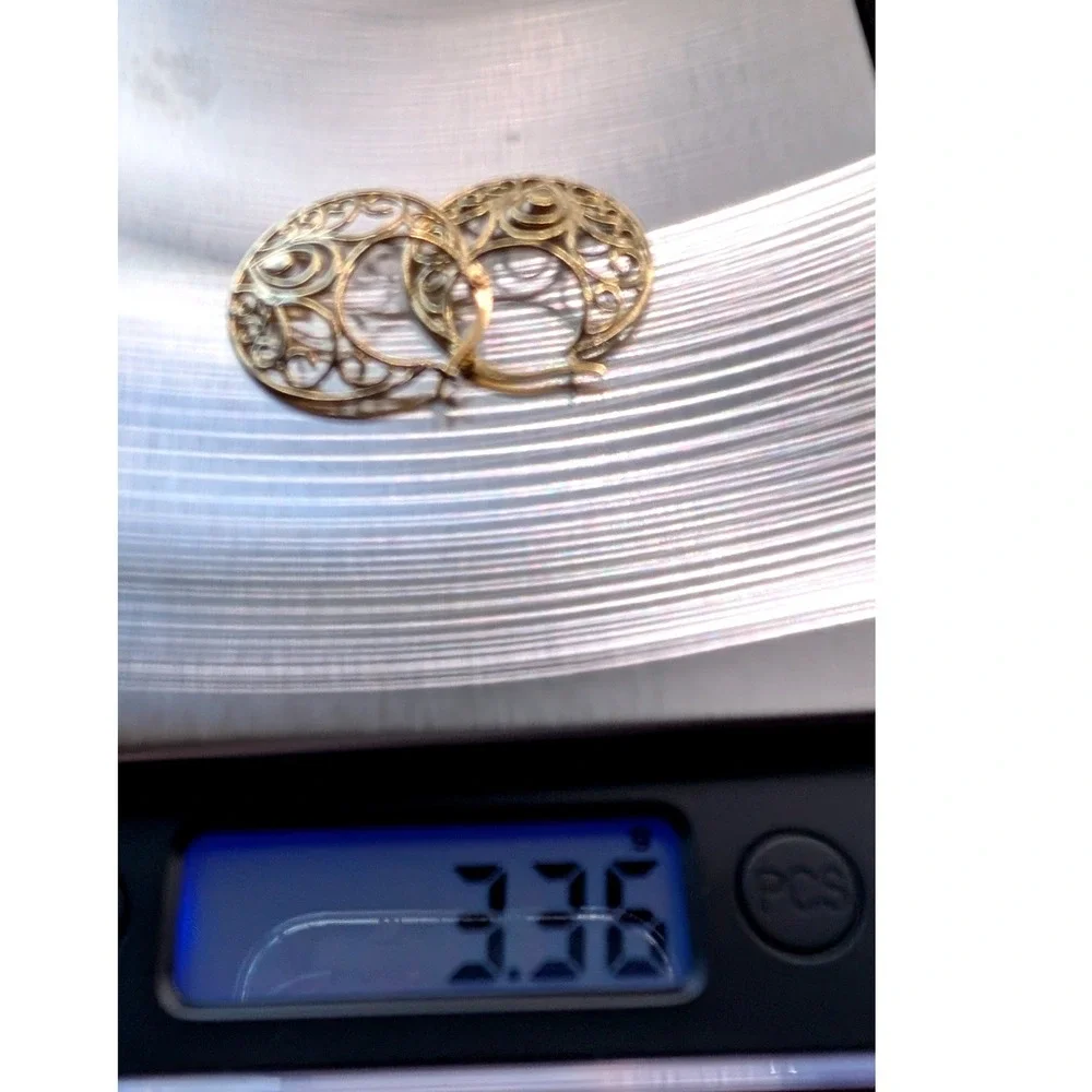 925 Sterling Silver Gold Vermeil‎ Filigree Scroll Hoop Earrings Round Boho 3.36g